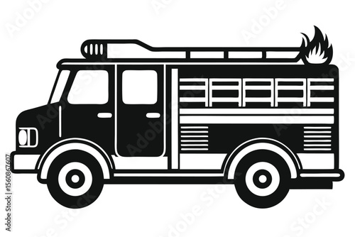 Stylized Black and White Illustration of a Fire Truck with Ladder and Flames Above