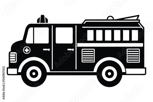Black and White Fire Engine Illustration with Detailed Features and Bold Lines