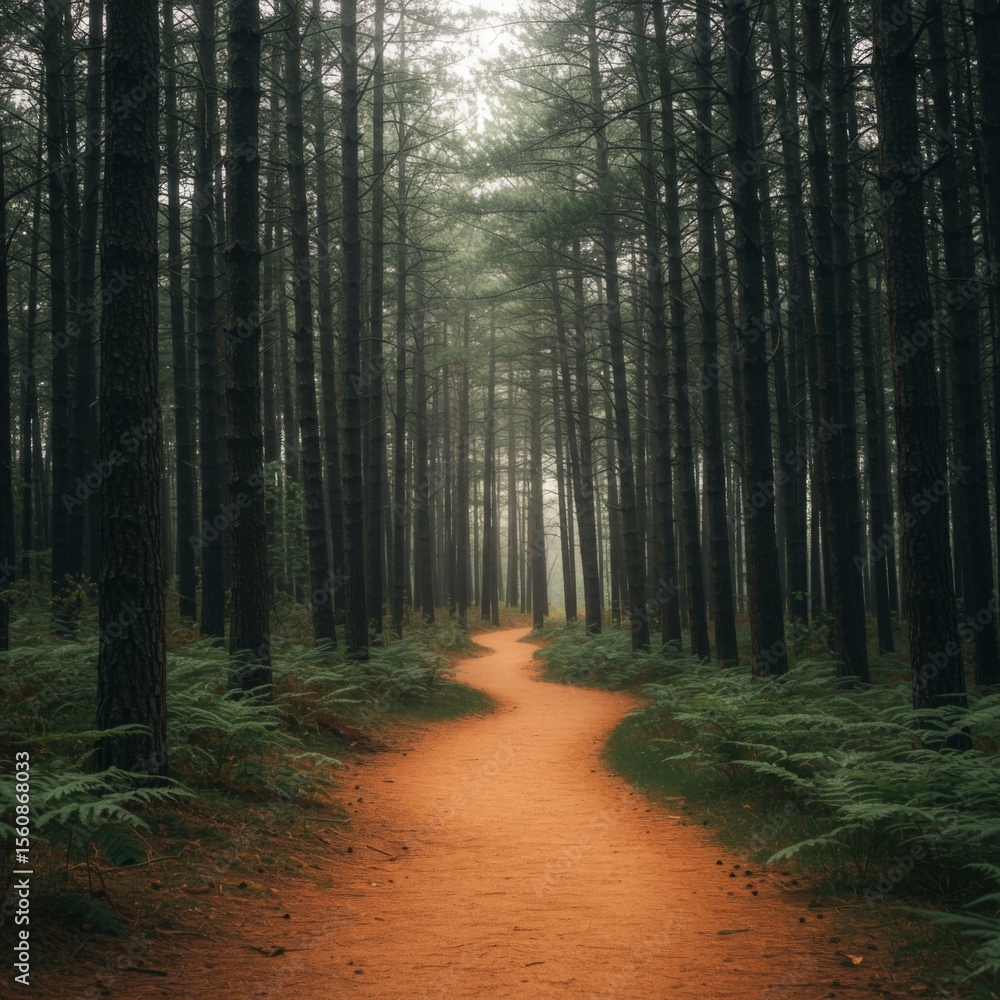 Naklejka premium Misty Forest Path with Orange Trail and Green Ferns