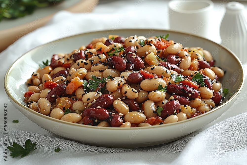 Healthy mixed bean salad with fresh herbs and seeds in a light vinaigrette dressing Healthy mixed bean salad with fresh herbs and seeds in a light vinaigrette dressing