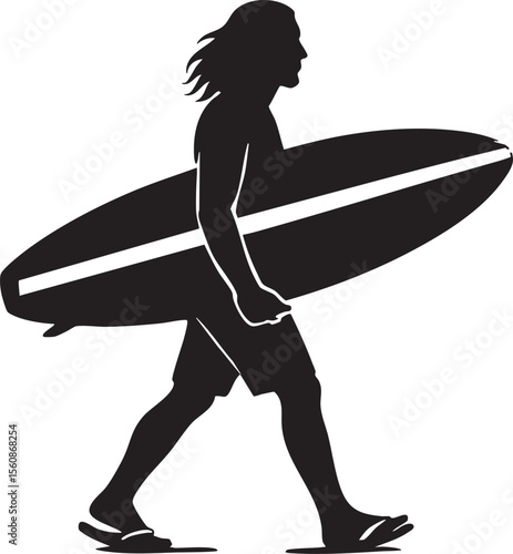 Silhouette of a Surfer Walking with Surfboard A Black and White Graphic Illustration for Coastal Lifestyle