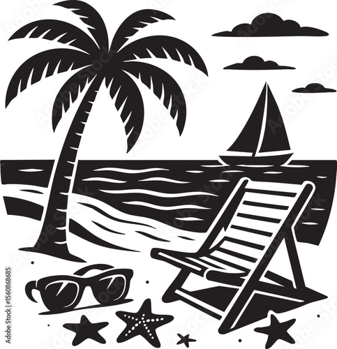 Monochrome Beach Scene with Palm Tree Sailboat Deck Chair Sunglasses and Starfish for a Relaxing Tropical Vacation