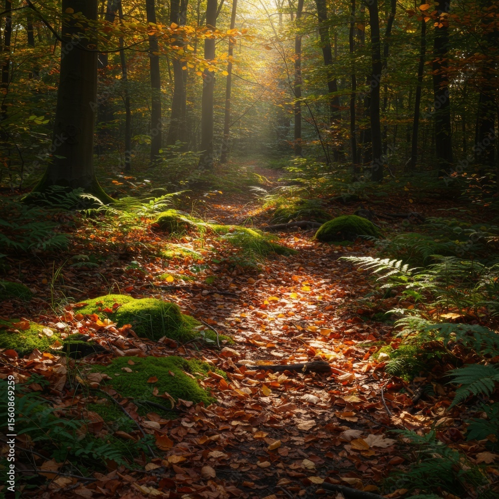 Fototapeta premium Autumn Sunlight in a Mossy Forest Path