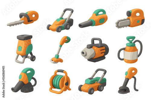 Colorful cartoon garden tools collection on gradient background