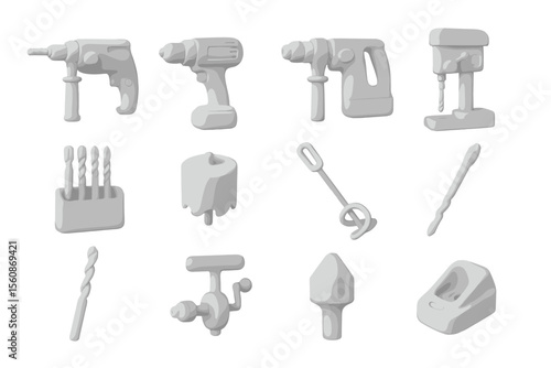 Various electric tools and drill attachments against metallic background