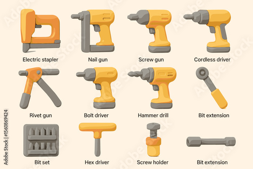 Set of industrial power tools including drill and driver variants