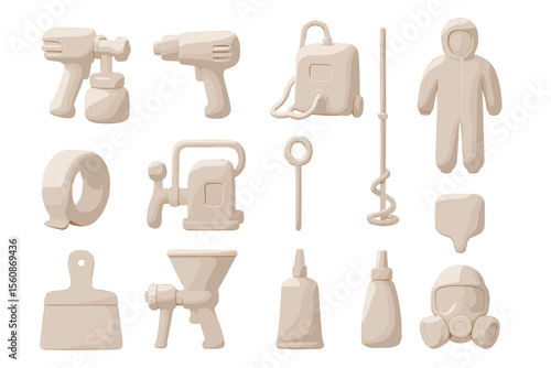 Light beige construction tools and protective gear on gray background