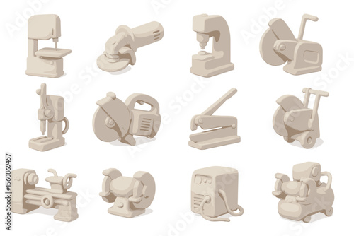 Vintage industrial tools collection: grinder, lathe, drill, cutter icons