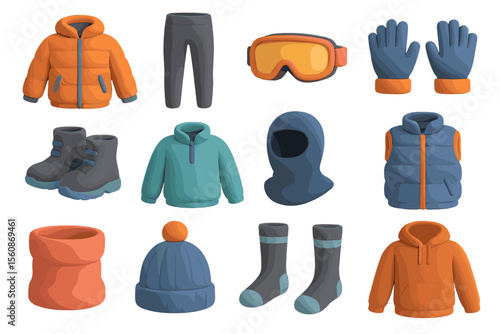 Winter clothing set with jackets, gloves, boots, hat, scarf, goggles