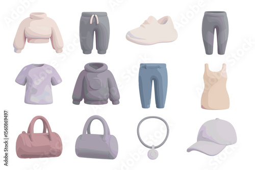 Pastel clothing and accessories collection featuring shoes and bags