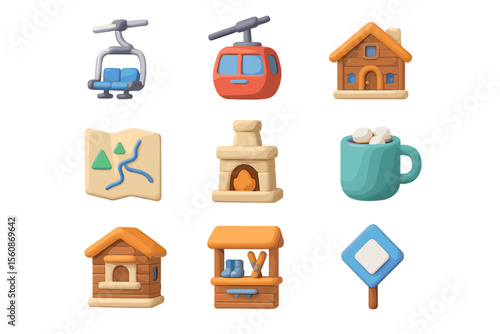 Cozy winter icons: cabin, fireplace, hot drink, cable car, map, sign