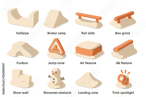 Snowboard obstacle icons including halfpipe, kicker ramp, rail, and funbox