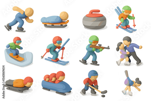 Winter sports icons: curling, skiing, snowboarding, hockey in vibrant colors
