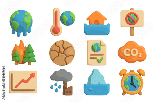 Environmental icons depicting climate change effects and global warming concepts
