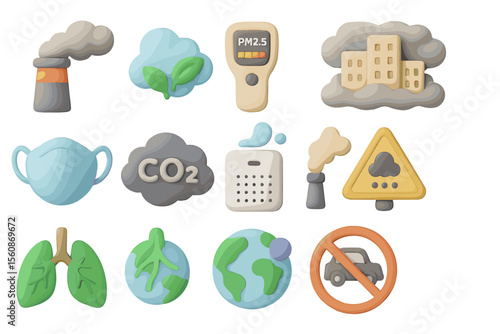 Clay eco icons: pollution, air quality, and environmental awareness