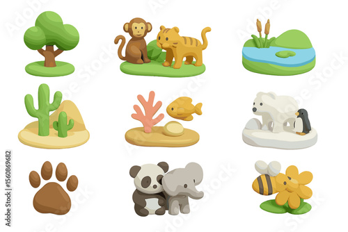 Cute animal and nature clay models in vibrant colors