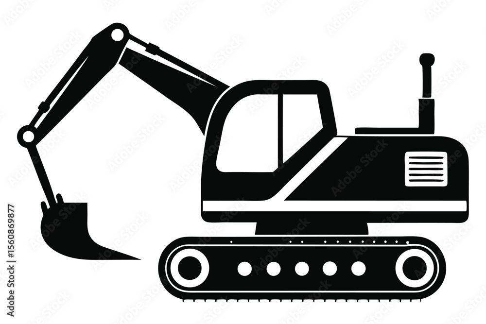 Black Silhouette Illustration of Excavator Machinery Construction Vehicle With Extended Arm and Bucket Black Silhouette Illustration of Excavator Machinery Construction Vehicle With Extended Arm and Bucket