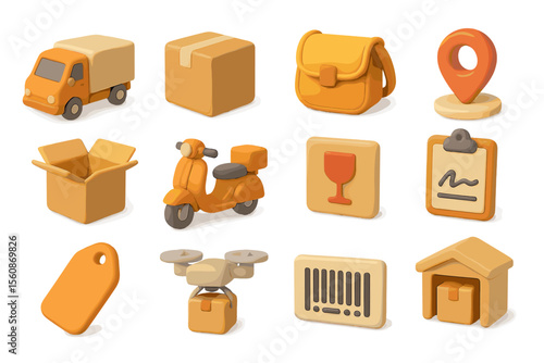 Vibrant delivery and logistics icons featuring packages and transport