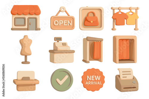 3d icons of shopping: storefront, checkout, fitting room, and new arrivals