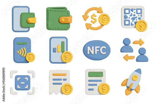 Colorful 3d icons of mobile finance and payment methods on gradient background