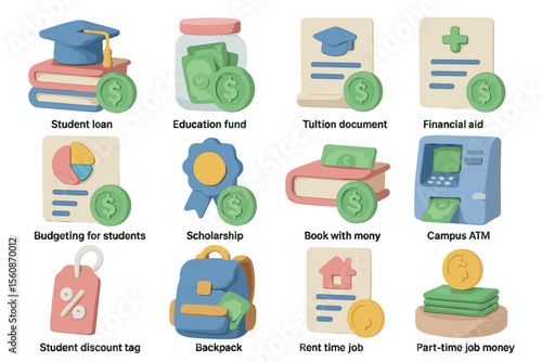 Education and finance icons for students: loans, scholarships, jobs, savings