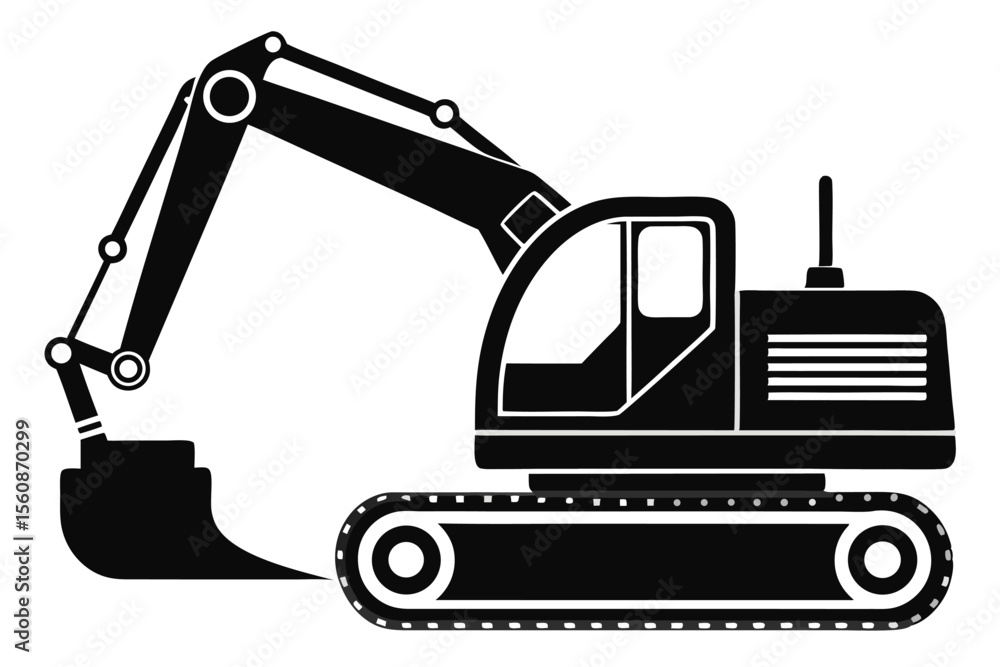 Graphic Illustration Silhouette of Excavator with Bucket and Track Wheels for Construction Work Graphic Illustration Silhouette of Excavator with Bucket and Track Wheels for Construction Work