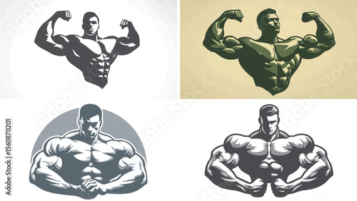 Set of bodybuilder illustrations displaying muscular physique