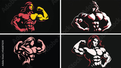 Set of illustrations showing a powerful female bodybuilder flexing muscles
