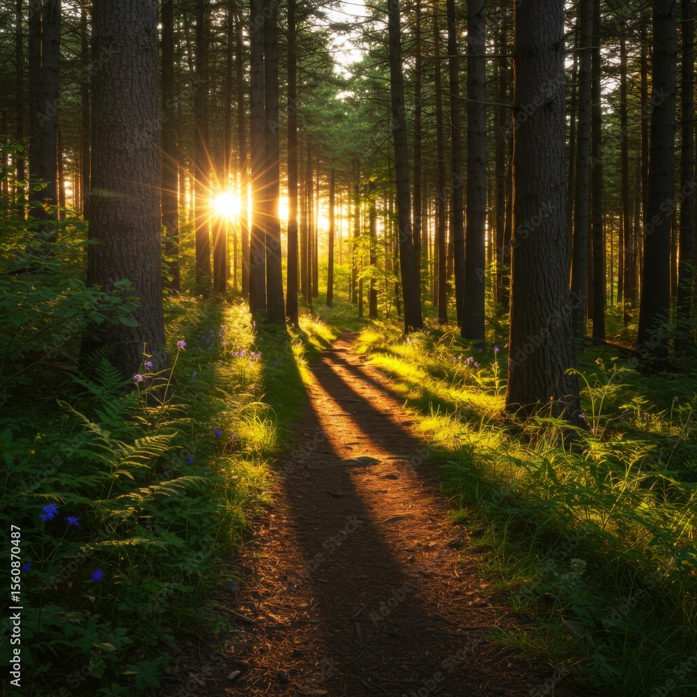 Obraz premium Sunlit Forest Path at Sunset