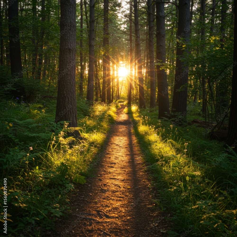Fototapeta premium Sunset Path Through Lush Green Forest