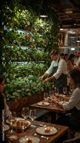 Wallpaper Mural Chef harvesting herbs from a vertical garden in a restaurant with diners at tables nearby Torontodigital.ca