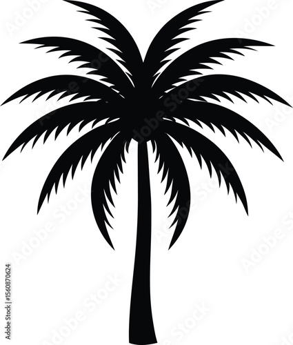 Minimal black silhouette of a symmetrical palm tree isolated on transparent background