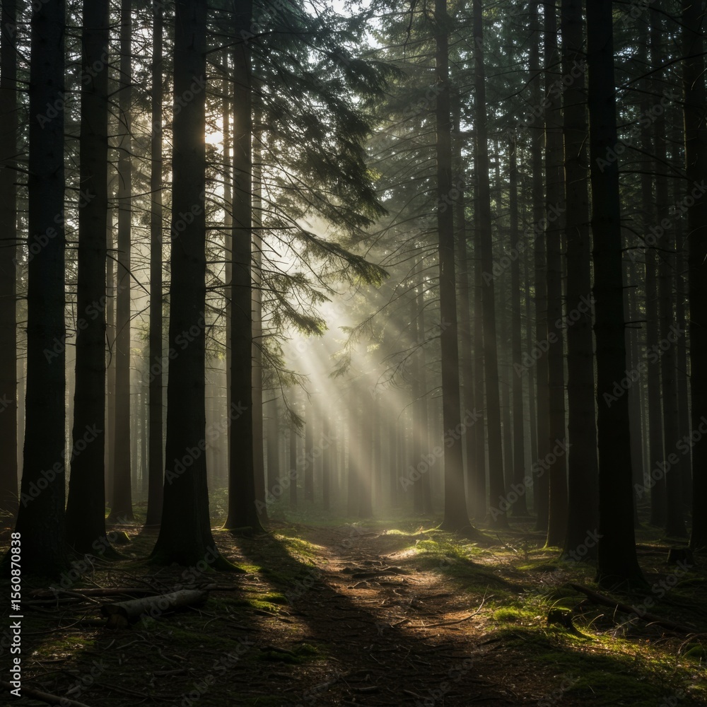 Obraz premium Sunbeams Illuminate Foggy Forest Path