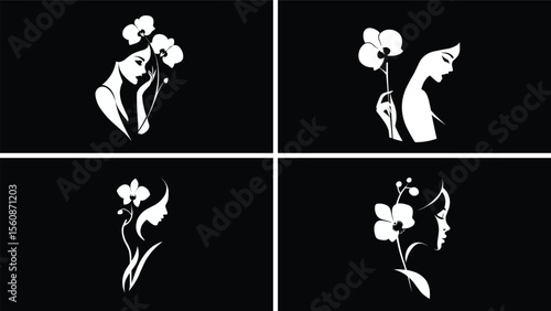 Black and white set of beautiful woman silhouettes with orchid flowers