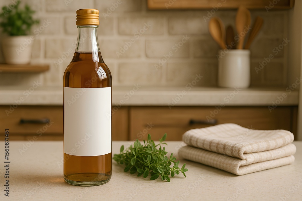 Naklejka premium Glass bottle mockup with blank label standing on a kitchen counter, homey background, herbs and towels nearby