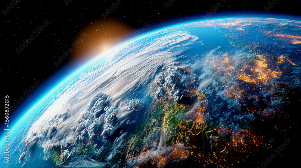 Fototapeta premium Earth from space revealing sunrise and city lights