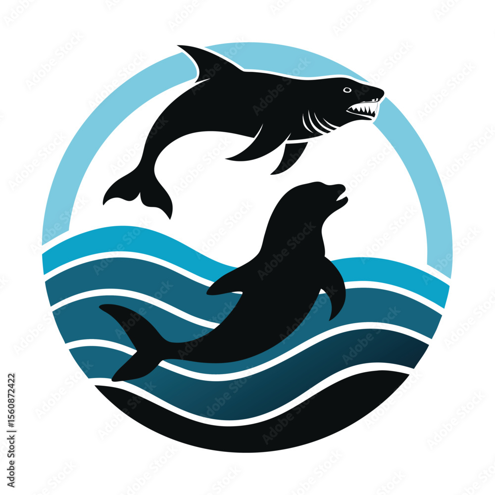 Obraz premium Ocean Wildlife Shark and Dolphin Silhouette in Waves