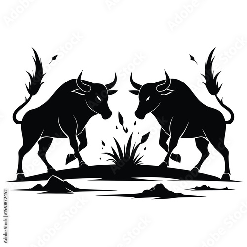 Majestic Bulls A Powerful Silhouette Illustration of Two Confronting Bulls