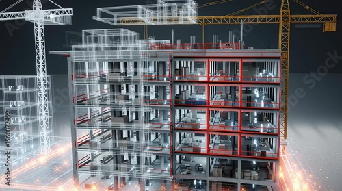Detailed 3D model of a building under construction with wireframe overlay, showing internal structure, MEP systems, and a crane.  Perfect for construction, architecture, and engineering projects.