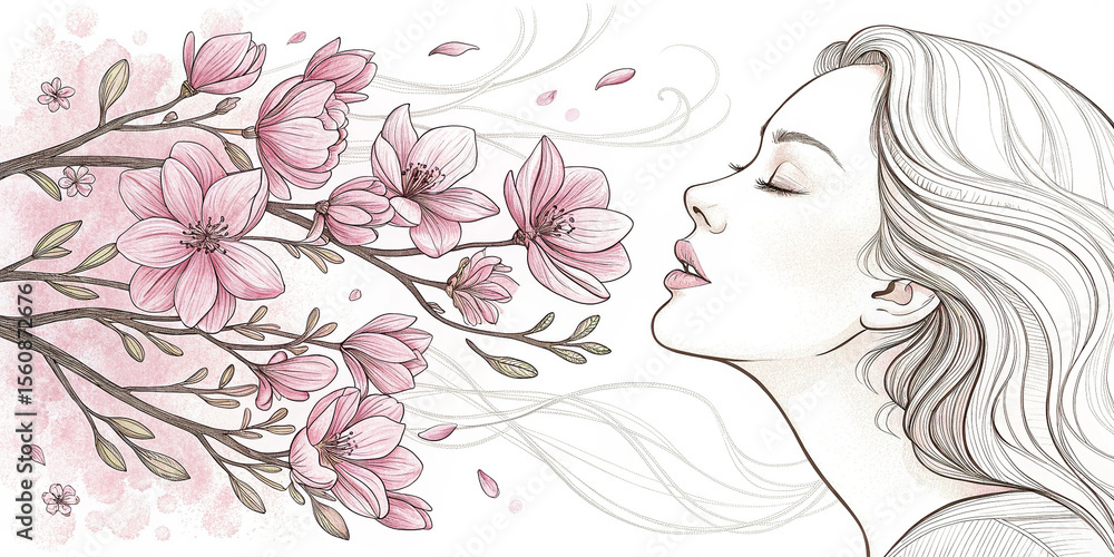 Delicate Line Drawing of a Woman Inhaling Pink Flowers Delicate Line Drawing of a Woman Inhaling Pink Flowers