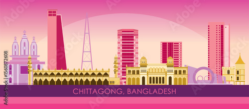 Sunset Skyline panorama of city of Chittagong, Bangladesh - vector illustration