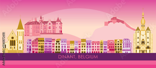 Sunset Skyline panorama of town of Dinant, Belgium - vector illustration