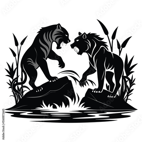 Majestic Confrontation Tiger and Bear in a Silhouetted Wildlife Showdown