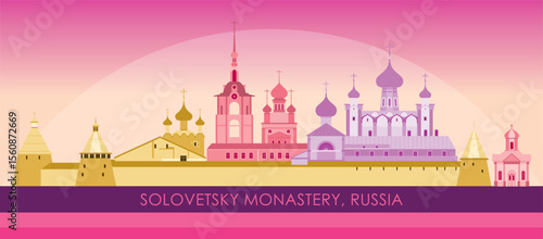 Sunset panorama of Solovetsky Monastery, Russia - vector illustration