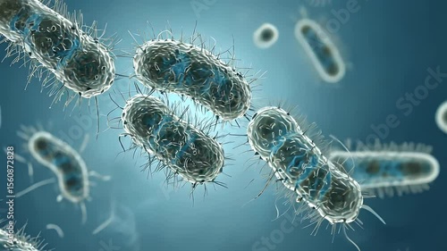 Detailed Microscopic Animation of Escherichia coli Bacteria Cells on Blue Background