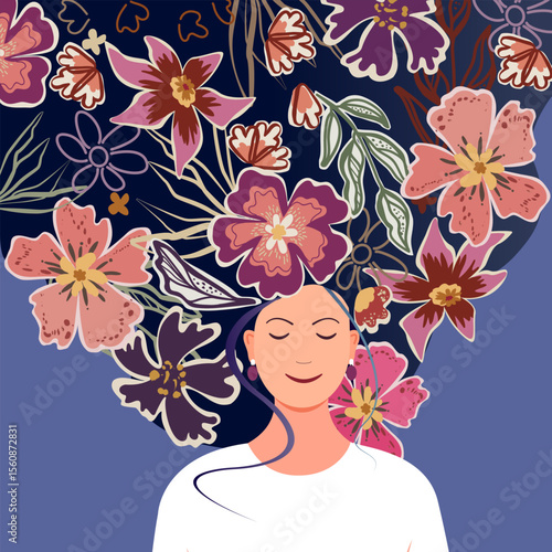 Young dreaming woman with floral background on long hair. Woman mental health self-care. Joy, calm, happiness concept. Flat vector illustration.