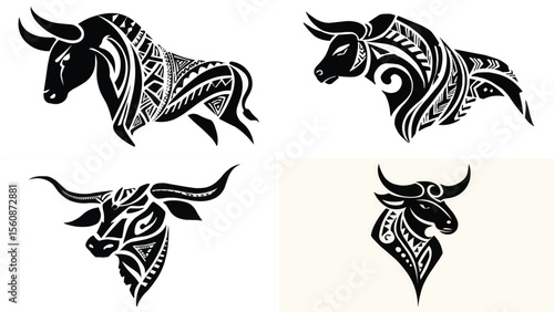 Collection of bull tattoo designs with tribal ornaments and black silhouettes