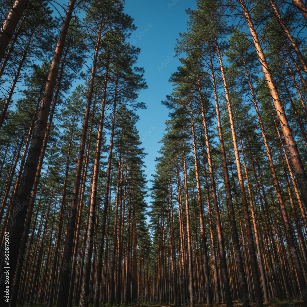 Fototapeta premium Tall Pine Trees in a Forest Under a Blue Sky