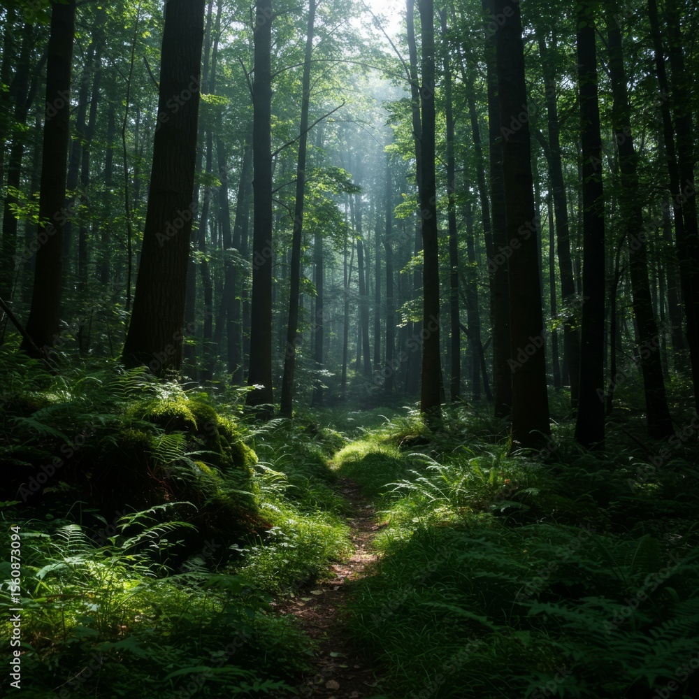 Obraz premium Sunlit Path Through a Lush Green Forest