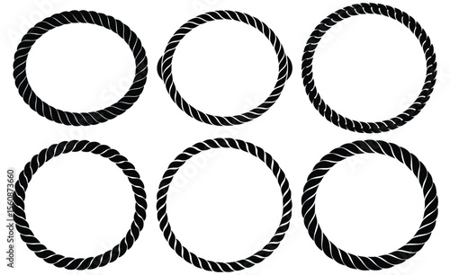 Black Twisted Rope Circle Frames. Rope Circle Frames, Nautical Logo Rings, Vector Rope Borders, Circular Wreath Designs, Black Rope Emblems, Marine Round Badges, Twisted Rope Icons.